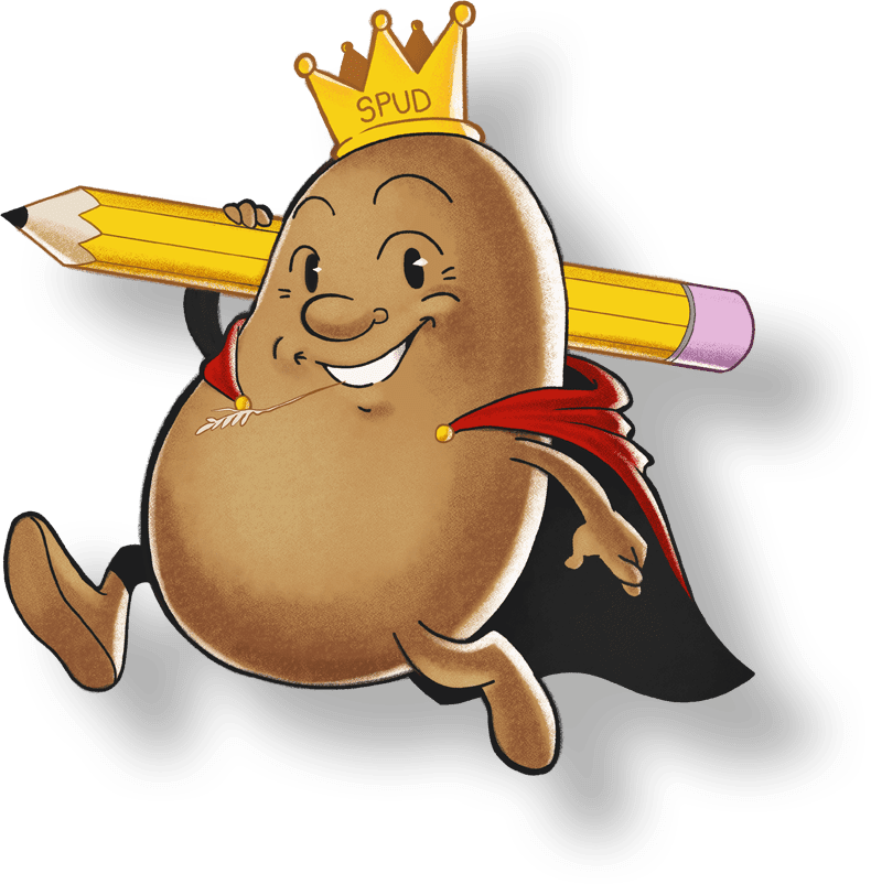 Potato king holding pencil graphic
